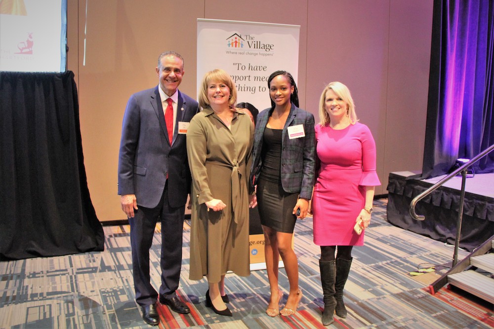 (L-R) Village President & CEO Galo Rodriguez; 2022 Girl Within Woman of the Year and Aurora Women and Girls Foundation Executive Director Jennifer Steadman; 2022 Young Woman of the Year Shaniece Nugent; Channel 3 Eyewitness News Morning Anchor and Girl Within emcee Irene O’Connor