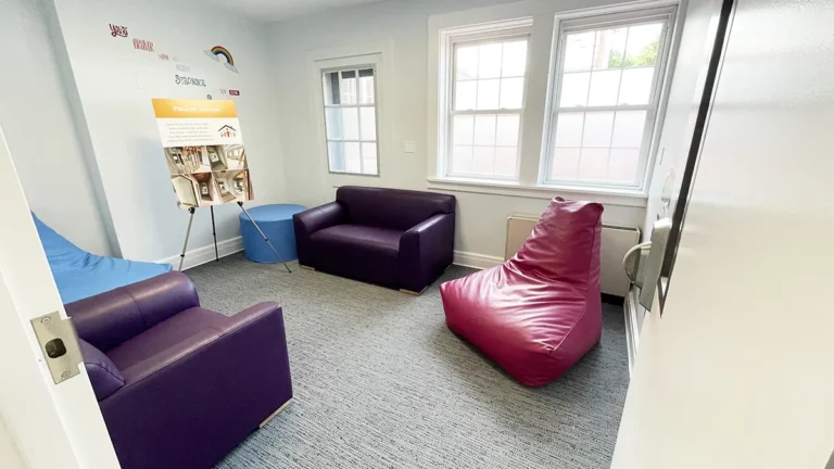 Pictured: The Village’s Urgent Crisis Center has 19 specially designed patient rooms that are filled with natural light and decorated with brightly colored, soft furniture and motivational murals.