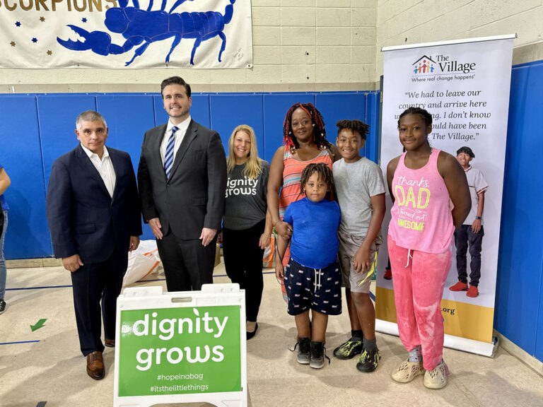 Volunteers from The Hartford, M&T Bank, PKF O’Connor Davies, and United Way of Central and Northeastern Connecticut joined The Village and Dignity Grows to pack hundreds of backpacks and hygiene kits for local students during our back-to-school drive.