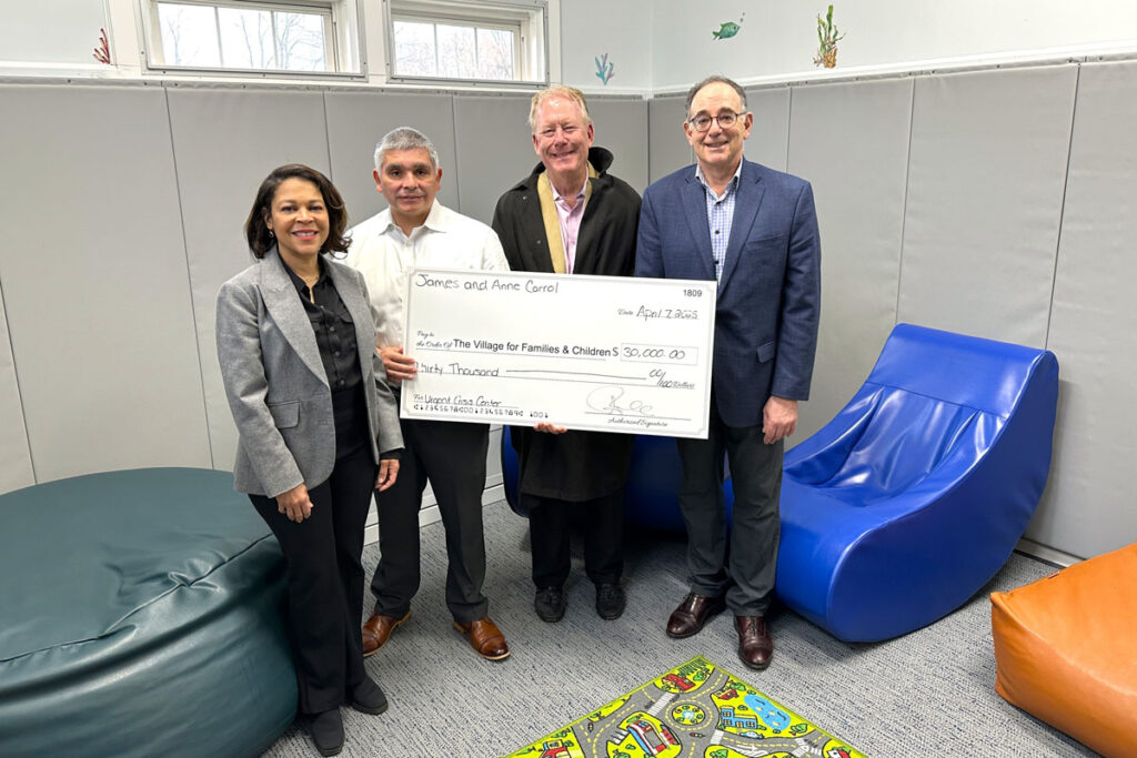 West Hartford residents James and Anne Carroll donated $30,000 to The Village’s Urgent Crisis Center to help children who are struggling with their mental health. Pictured (L-R): State Representative Tammy Exum; Village President & CEO Hector Glynn; James Carroll; Village Board Member Andrew Baldassarre.